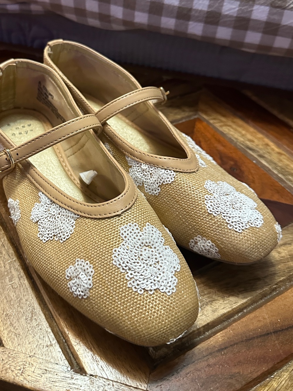 a new day Tan Floral Mary Jane Flats with White Sequin Flowers - Picture 2 of 3